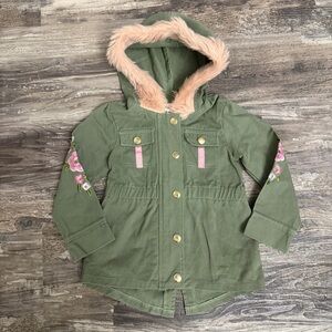 Little Las Kids Green Hooded Jacket Pink Faux Fur Hood Floral Embroidery Sz 3T